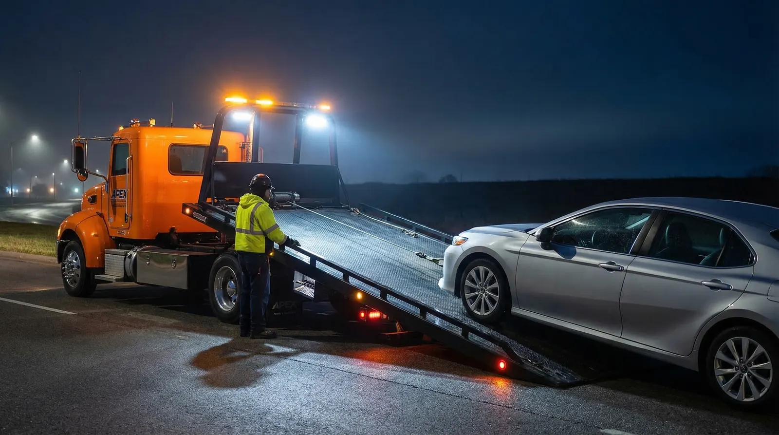 Flatbed tow truck loading a vehicle at night