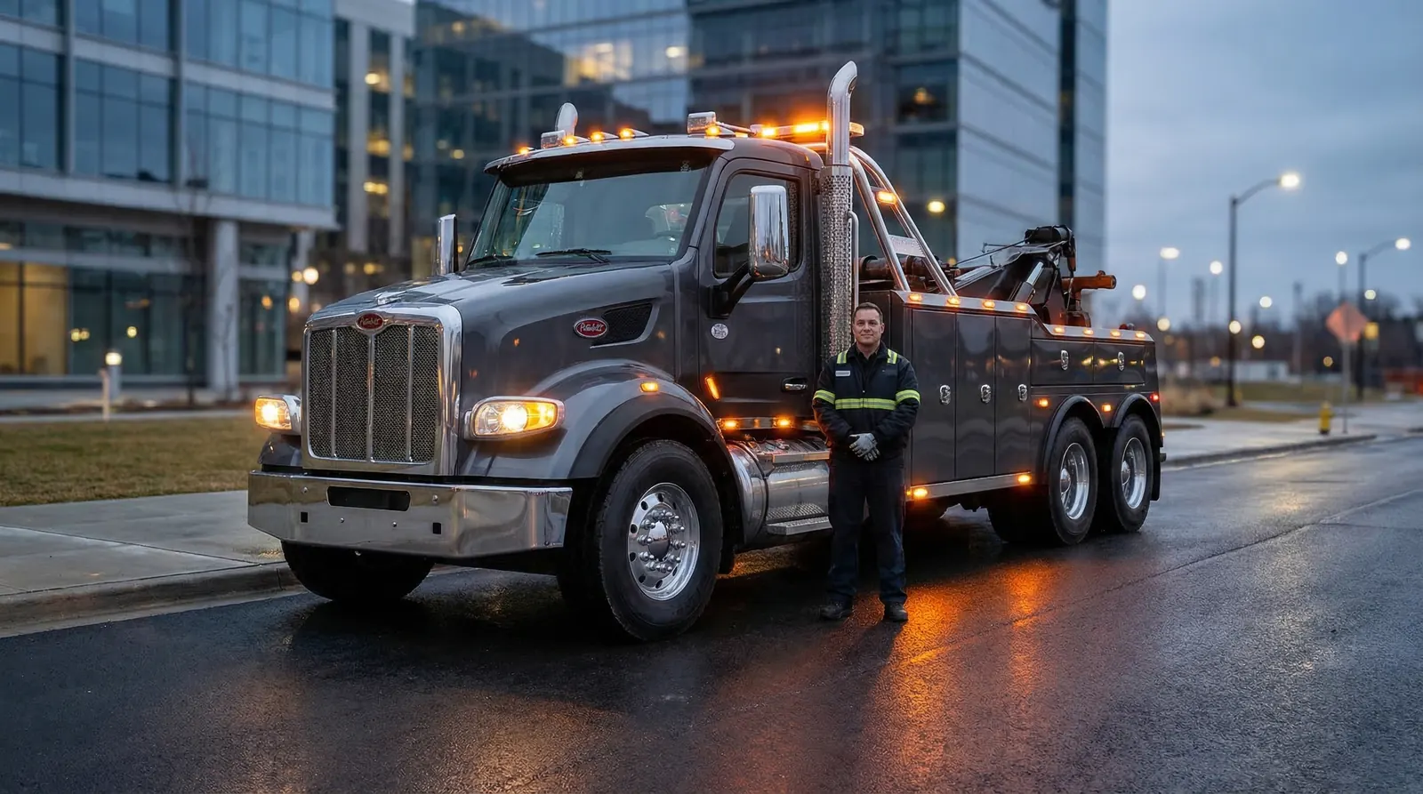 Tow truck at dusk